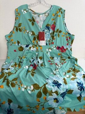 Poseshe Floral V-Neck Sleeveless Dress - Aqua Green